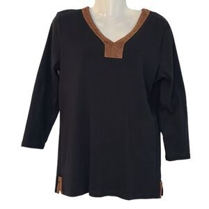 Lauren Ralph Lauren Womens L Tunic V-Neck Black Faux Suede Brown Trim Academia